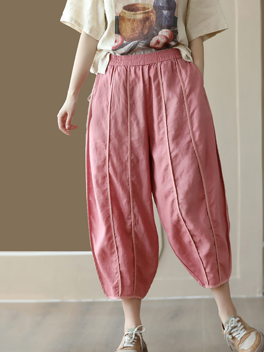 Summer Solid Color Spliced Linen Loose Harem Pants
