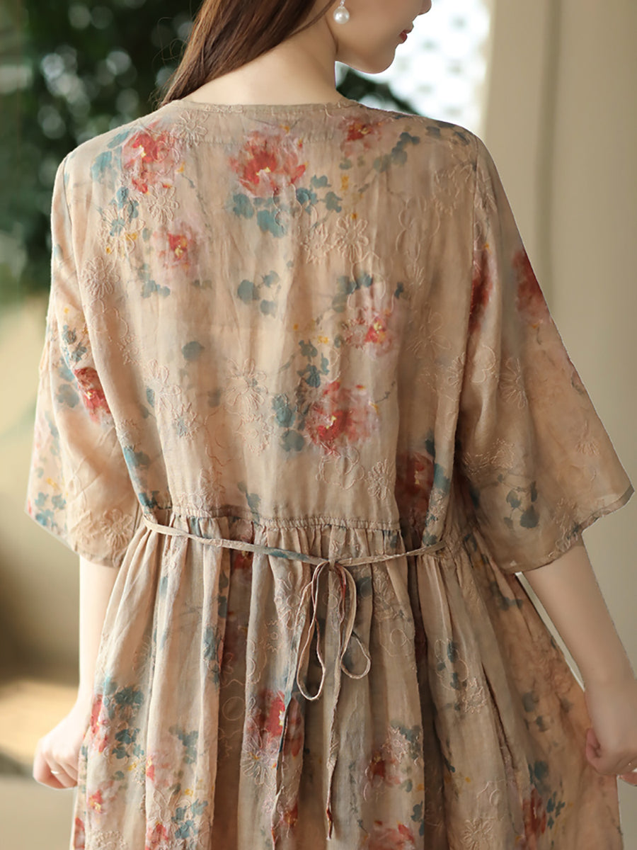 Flower Print National Drawstring Pleated Ramie Dress