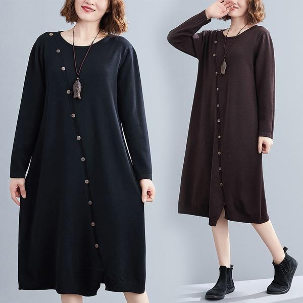 long sleeve plus size knitted vintage women causal loose midi autumn winter sweater dress - Omychic