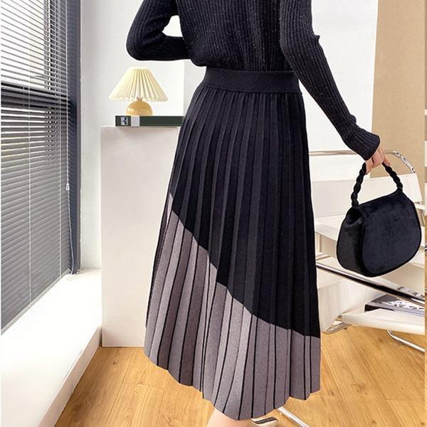 Patchwork Casual Pleated Skirt New Empire Waist A Line Korean Style Elegant Loose - Omychic