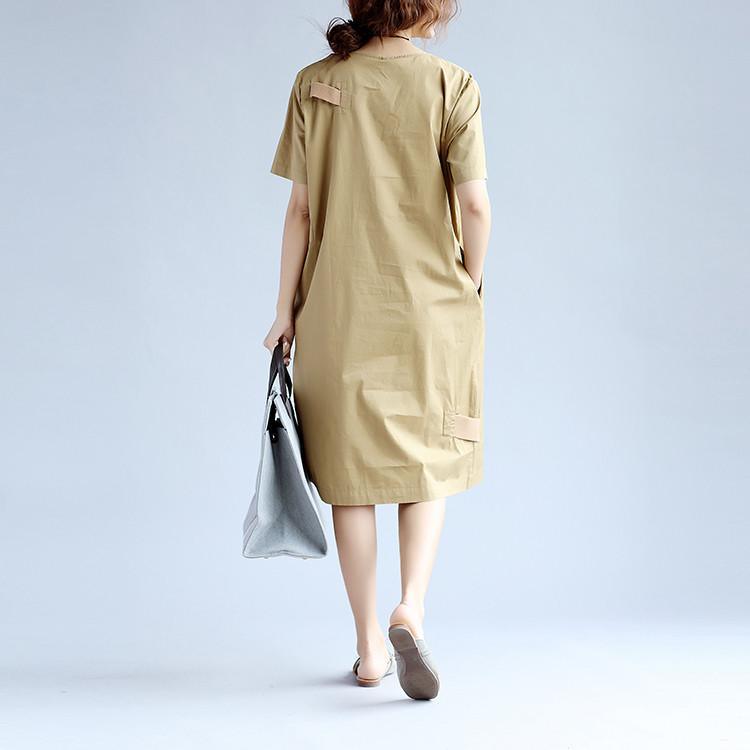 Cotton Women Splicing Short Sleeves Khaki Dress - Omychic