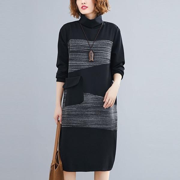 Autumn Winter Women Casual Dresses  Patchwork Color Loose Female Knee-length Dress - Omychic