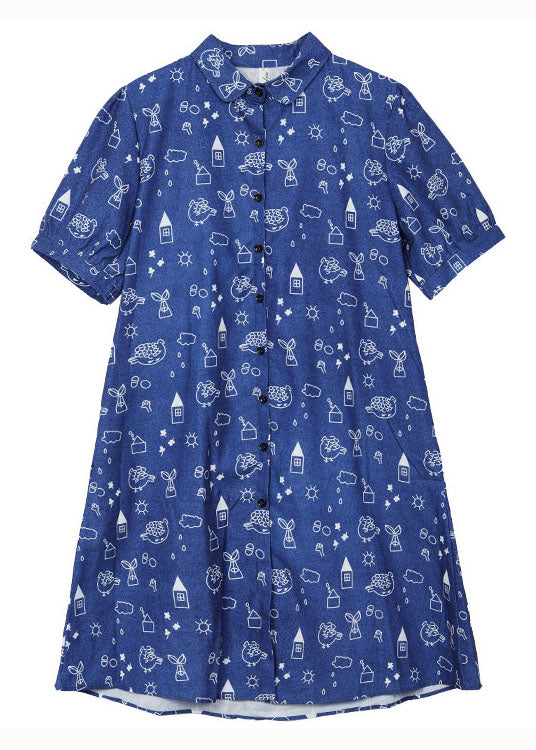 Women Blue Peter Pan Collar Print Patchwork Denim Shirts Dress