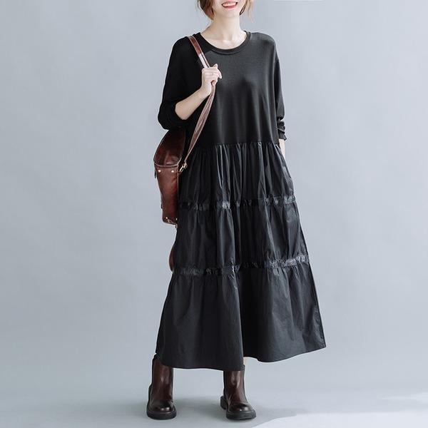 omychic plus size black cotton vintage for women casual loose spring autumn dress - Omychic