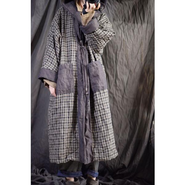 Omychic Linen Plaid Hooded Parkas Long Coat Female Padded Outerwear - Omychic