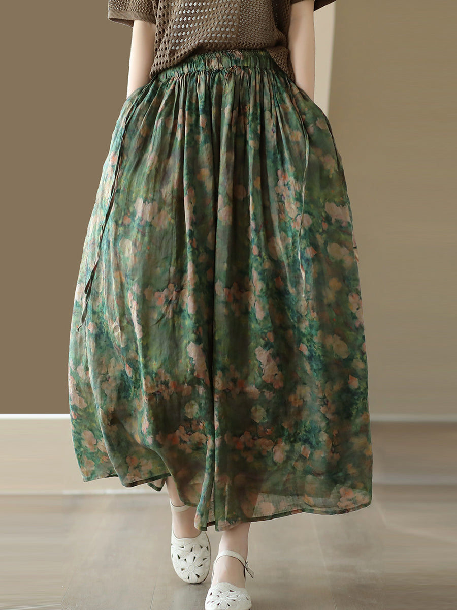 Casual Summer Artsy Floral Drawstring Loose Ramie Skirt
