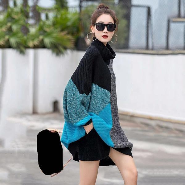 Knitting Splicing Women Sweater Winter The New Irregular Contrast Color O-neck Collar Pullover Loose Fashion - Omychic