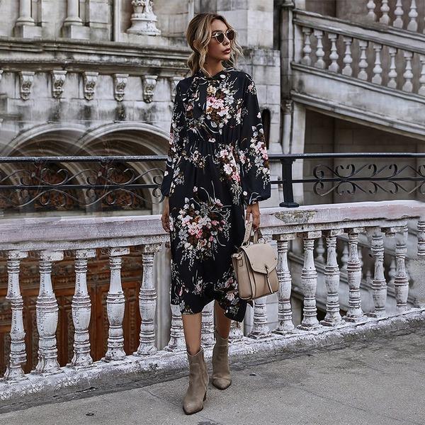 Puff Sleeve Spring Winter Floral Dress Women Casual Bow Stand Collar High Wasit Long Sleeve Dress - Omychic