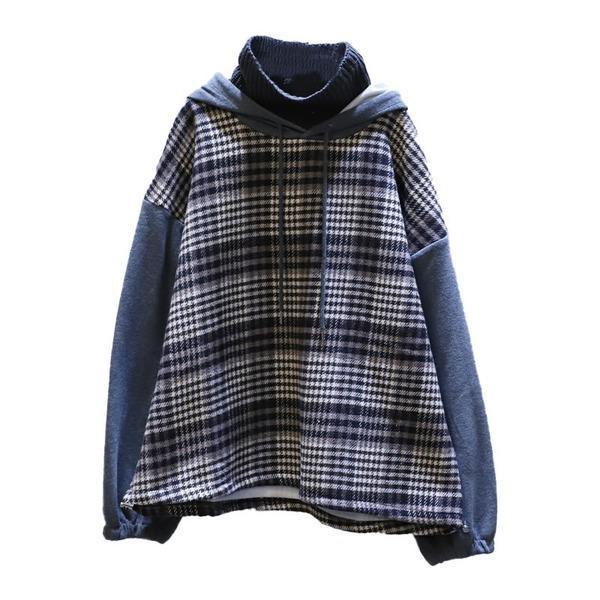 Splicing Plaid Sweatshirt Winter New False Tow Pieces Hooded Double Layer Collar Street Fashion Style Women - Omychic