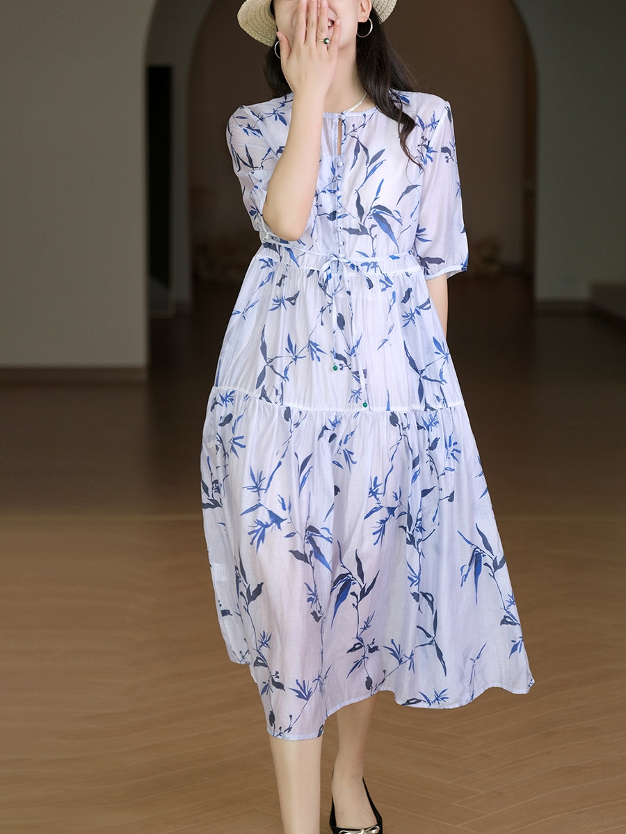 Summer Arts Leaf Print Drawstring Pleated Loose Dress