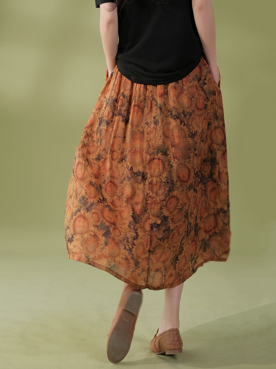Women Summer Artsy Flower Drawstring Pocket Ramie Skirt