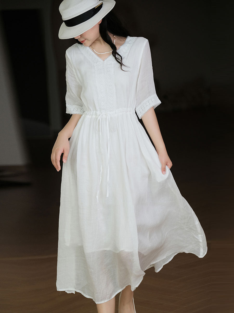 Women Elegant Solid Spliced Lacework Drawstring Ramie Dress