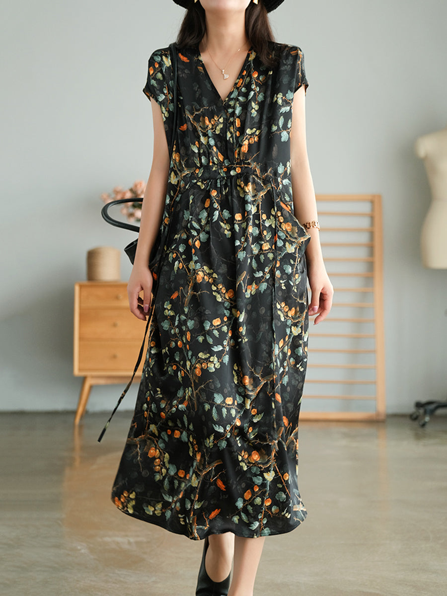 Vintage Floral Drawstring V-Neck Loose Dress