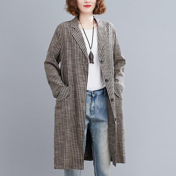 plus size cotton linen vintage stripe casual loose long autumn spring trench coat - Omychic