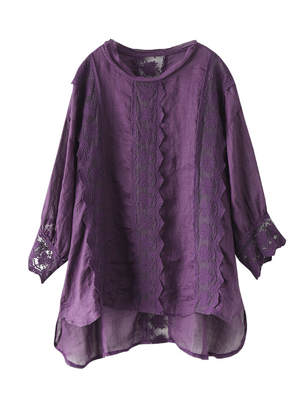 Casual Loose Long Sleeves Split-Joint Solid Color Round-Neck T-Shirts Tops