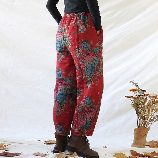 2020 Winter Print Floral Plus Cotton Pants Elastic Waist Red Pockets Warm Trouser - Omychic