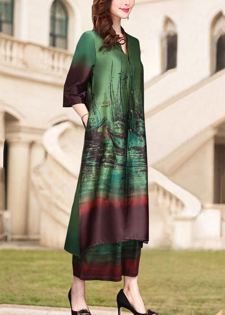 Green Print V Neck Side Open Silk Two Pieces Set