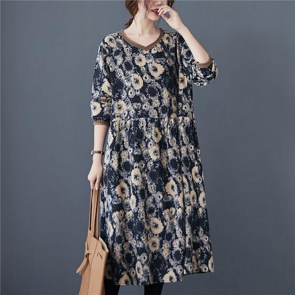 V-neck Floral Print Loose Comfortable Female Long Dresses - Omychic