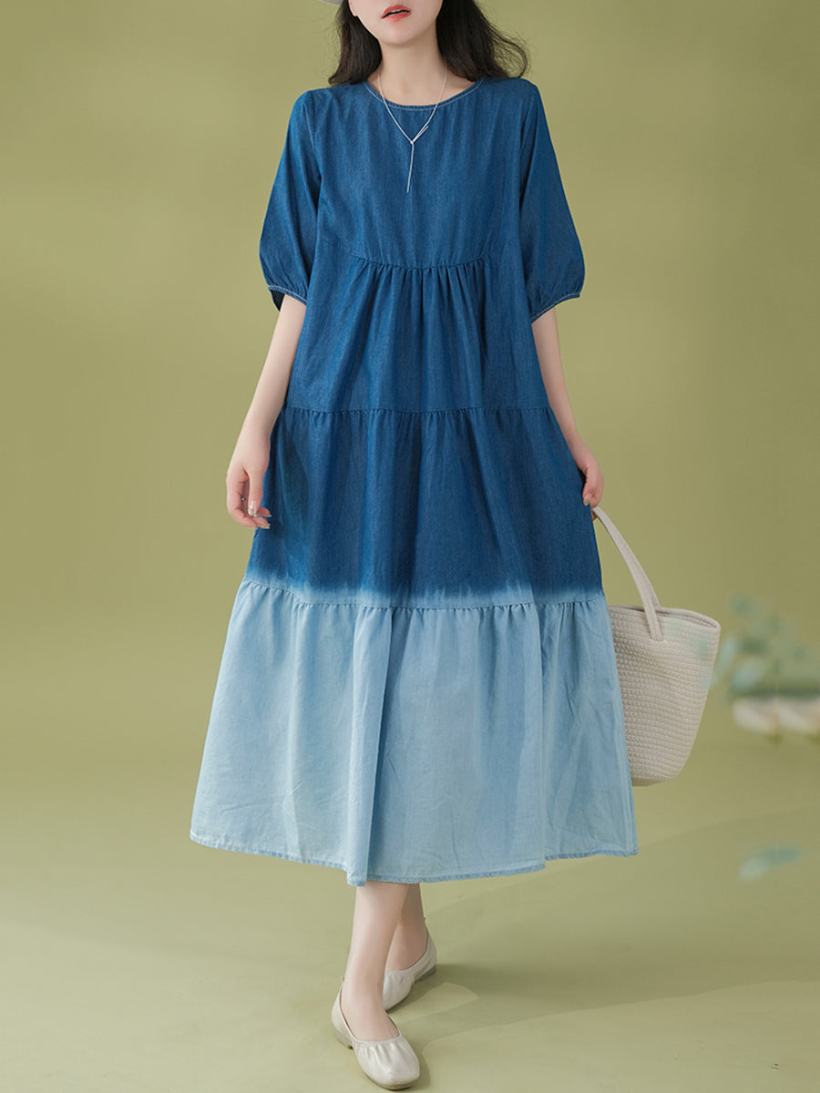 Women Summer Casual Gradient Pleated Loose Denim Dress