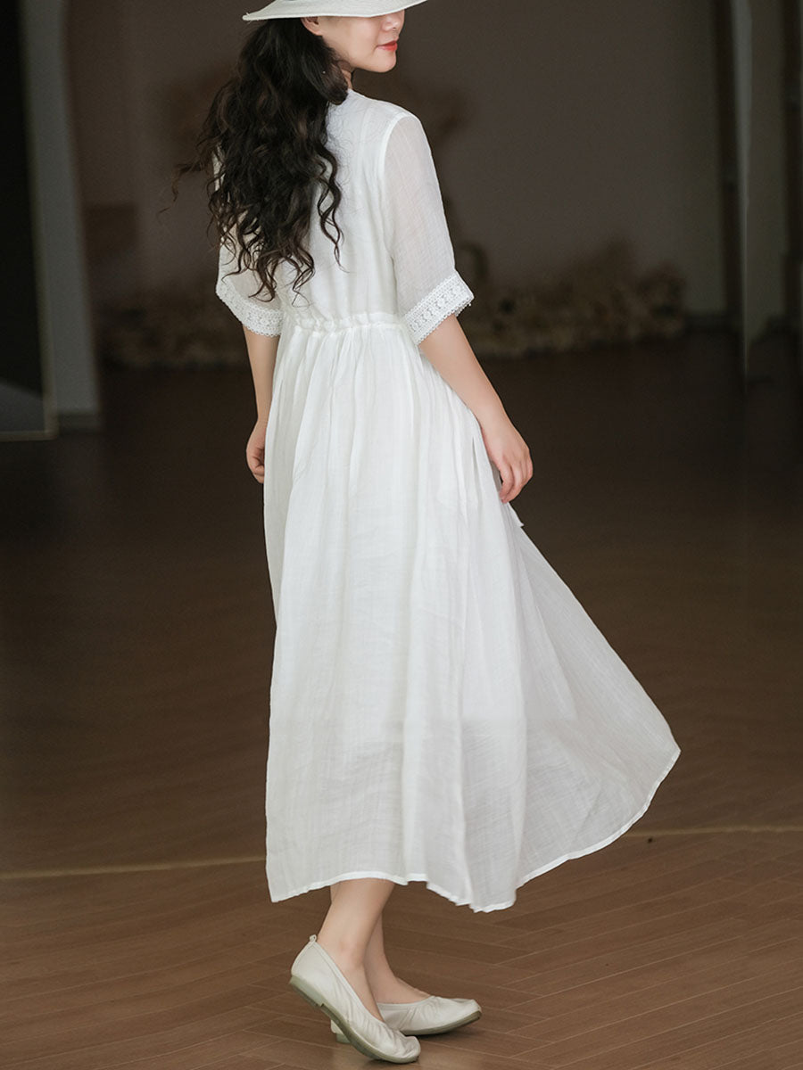 Women Elegant Solid Spliced Lacework Drawstring Ramie Dress