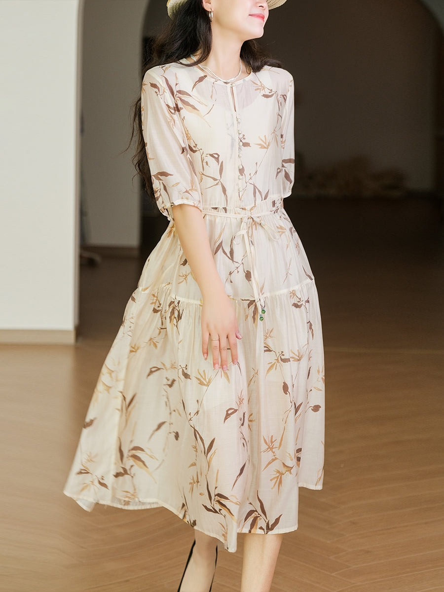 Summer Arts Leaf Print Drawstring Pleated Loose Dress