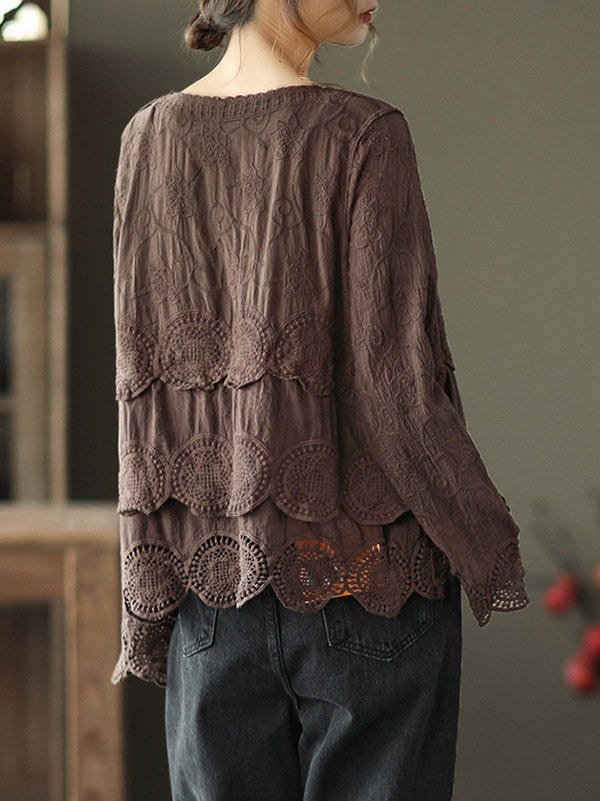 Black & Coffee Lace Hollow V-Neck Long Sleeve Shirts