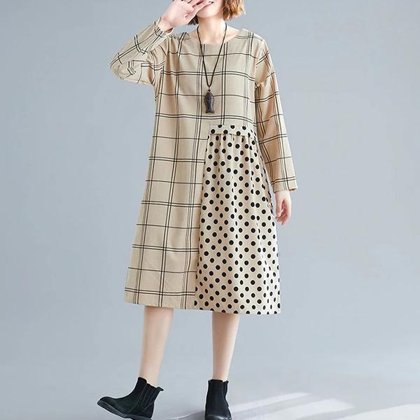 long sleeve cotton plus size vintage Polka Dot plaid women casual loose midi autumn dress - Omychic