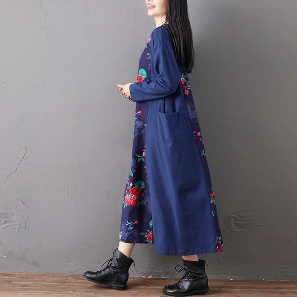 long sleeve cotton linen plus size vintage floral women casual loose spring autumn dress - Omychic