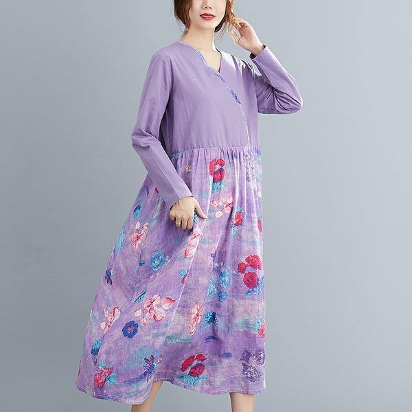 long sleeve plus size cotton linen vintage floral for women casual loose spring autumn dress - Omychic