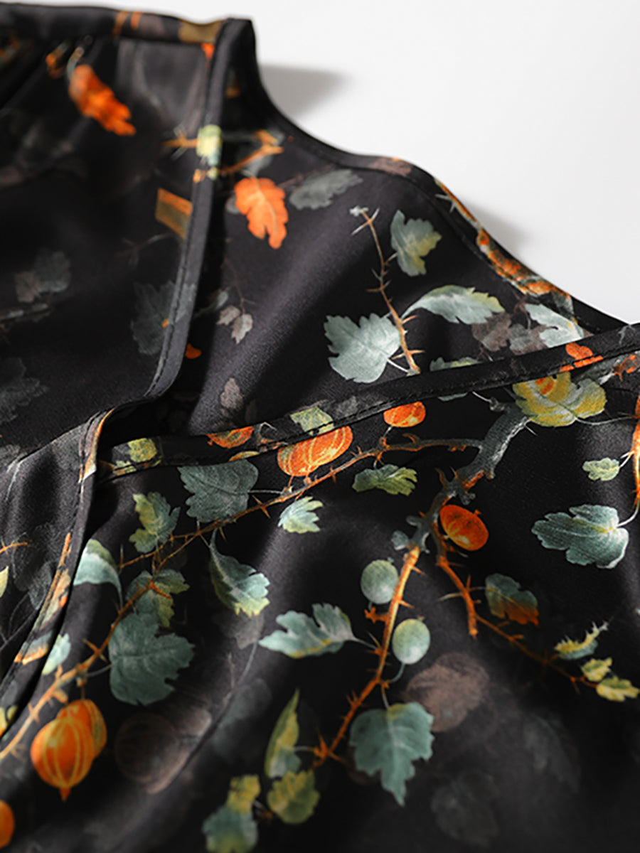 Vintage Floral Drawstring V-Neck Loose Dress