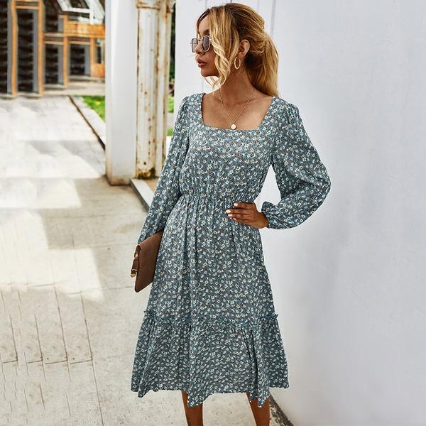 Women Long Dress Spring Winter Long Sleeve Elegant Ladies Flower Square Collar Dresses Party - Omychic