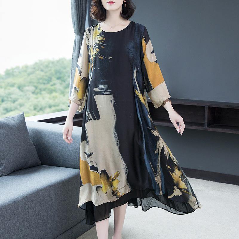 Elegant Yellow Print Chiffon Robes Inspiration O Neck Half Sleeve Clothing Summer Dresses - Omychic