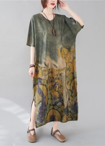 Unique Green Peacock Design Tunics V Neck Side Open Long Dresses - Omychic