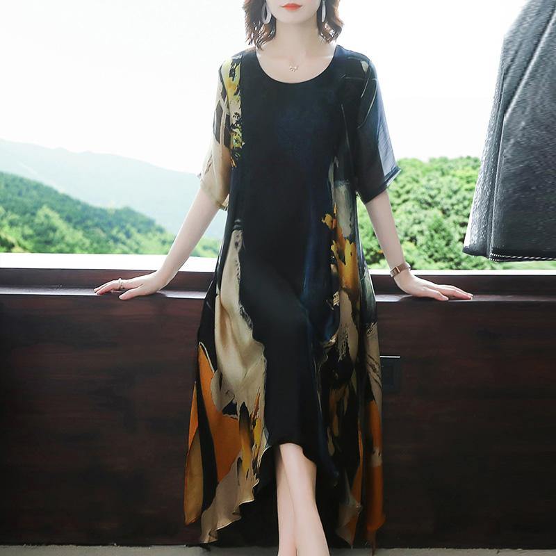 Elegant Yellow Print Chiffon Robes Inspiration O Neck Half Sleeve Clothing Summer Dresses - Omychic