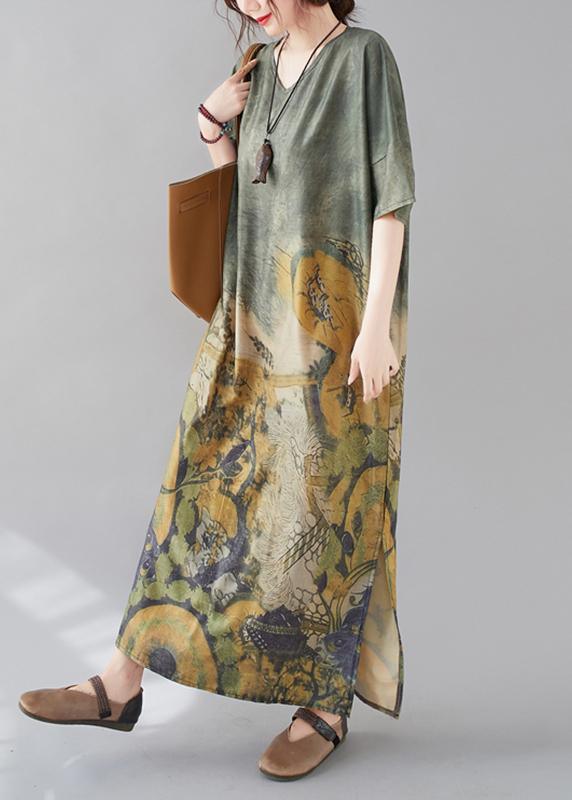 Unique Green Peacock Design Tunics V Neck Side Open Long Dresses - Omychic