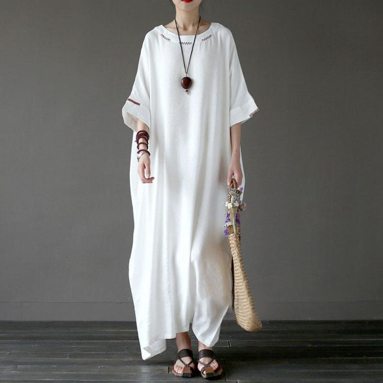 Women Flax Cotton 1/2 Sleeve Embroidery White Dress - Omychic