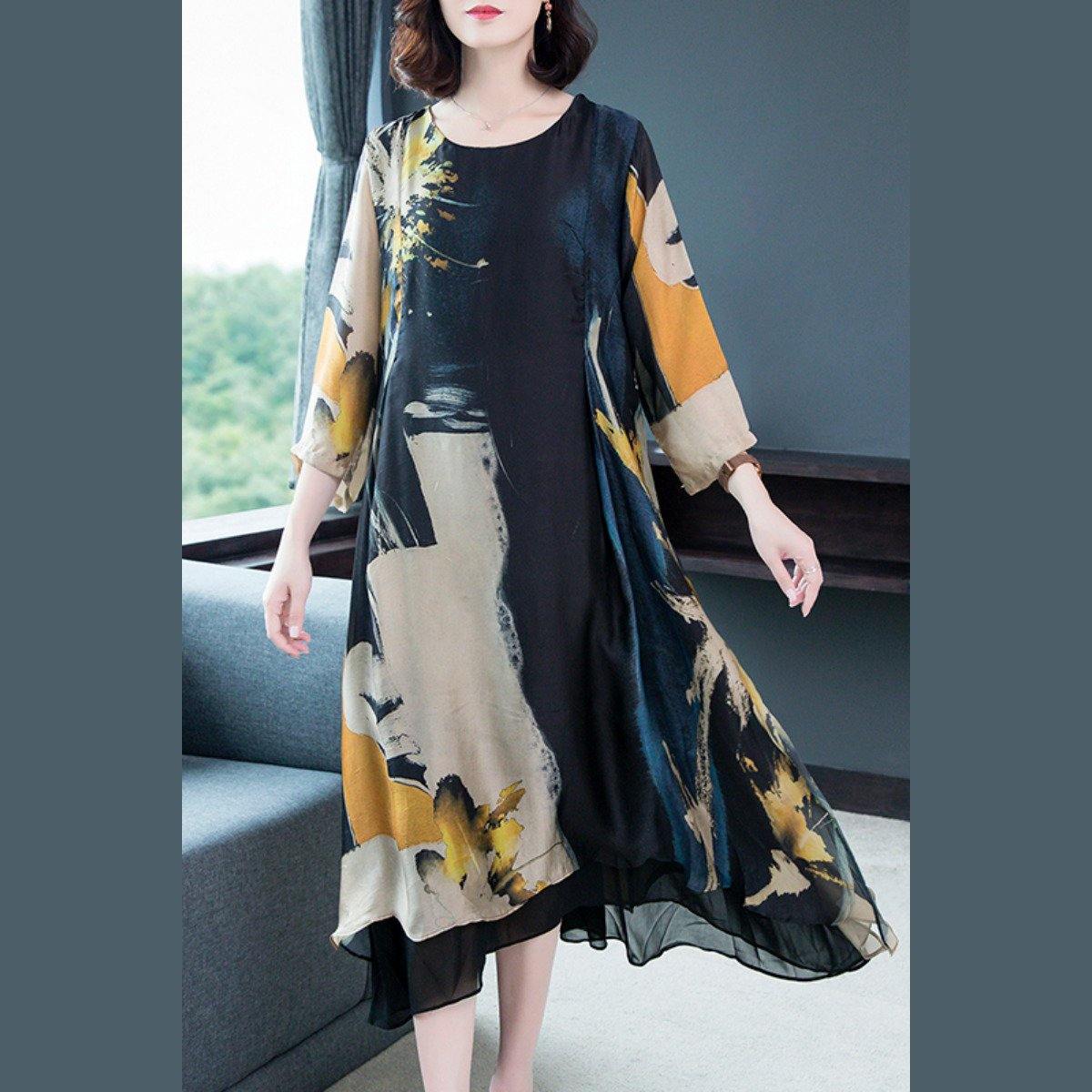 Elegant Yellow Print Chiffon Robes Inspiration O Neck Half Sleeve Clothing Summer Dresses - Omychic