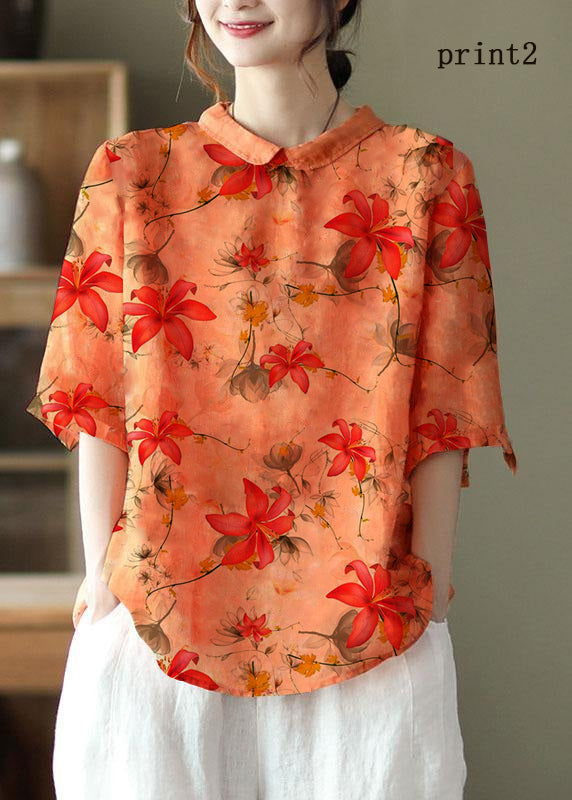 DIY Orange Print4  Ramie Half Sleeve Shirt Summer