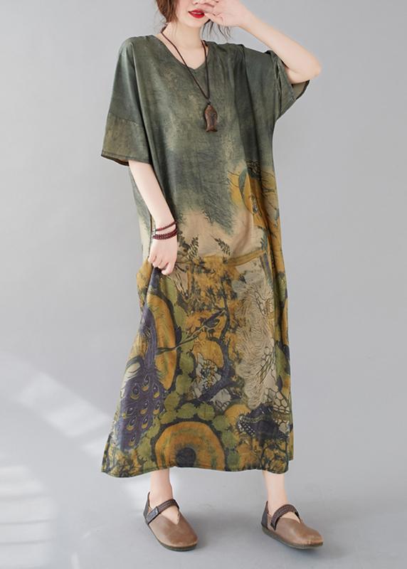 Unique Green Peacock Design Tunics V Neck Side Open Long Dresses - Omychic