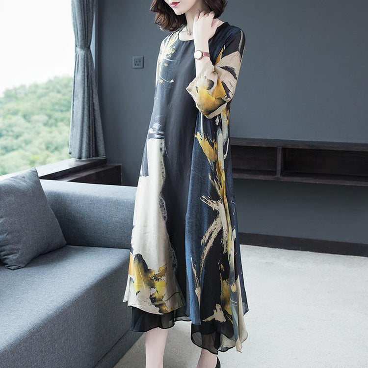 Elegant Yellow Print Chiffon Robes Inspiration O Neck Half Sleeve Clothing Summer Dresses - Omychic