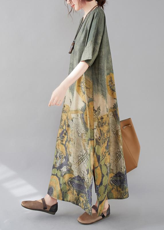 Unique Green Peacock Design Tunics V Neck Side Open Long Dresses - Omychic