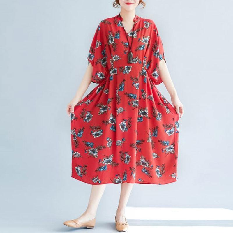 V Neck Loose Plus Size Printed Chiffon Dress - Omychic