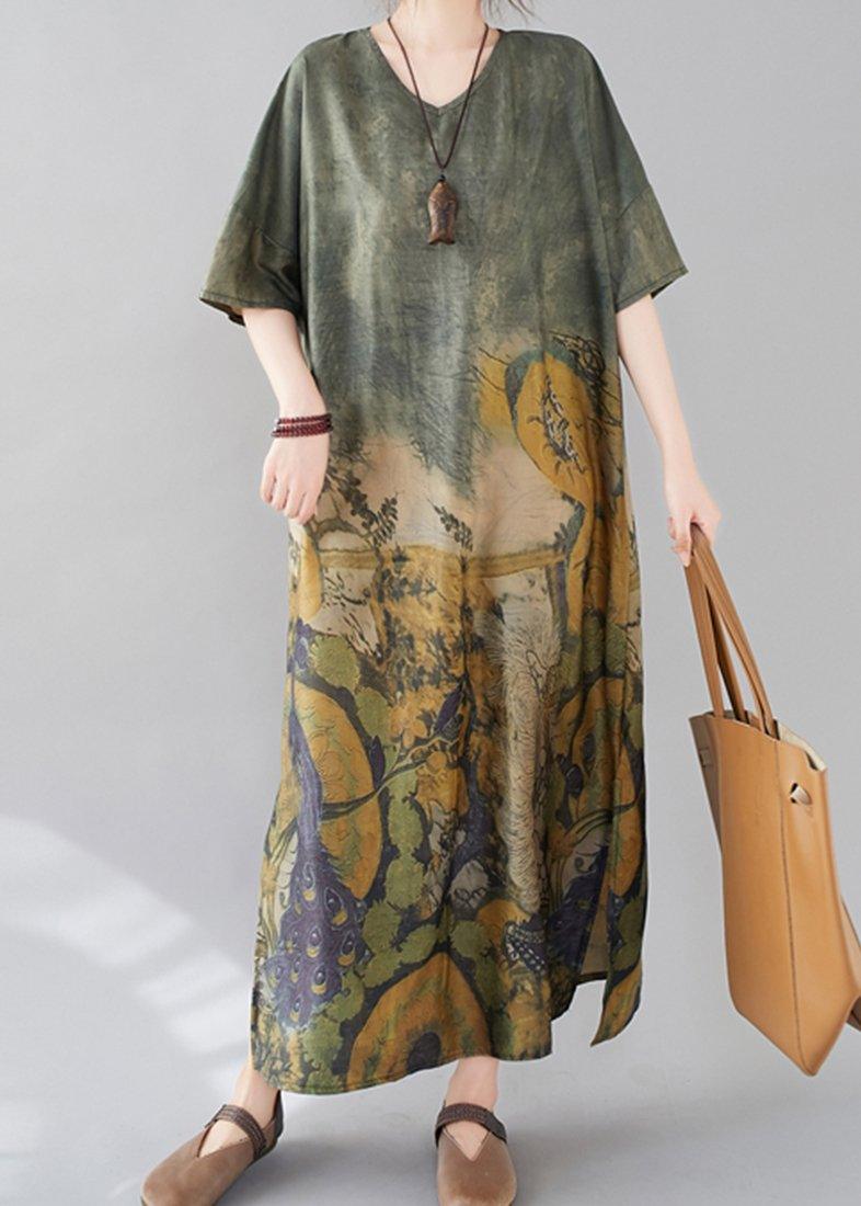 Unique Green Peacock Design Tunics V Neck Side Open Long Dresses - Omychic