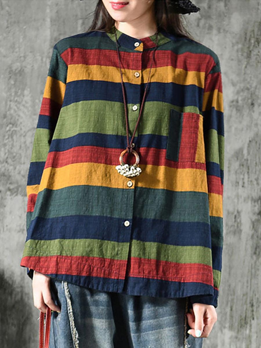 Plus Size Vintage Striped Cotton Shirt Long Sleeve