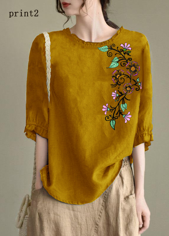 Handmade yellow-print2  lantern Sleeve O-Neck Embroideried Summer Ramie Blouses