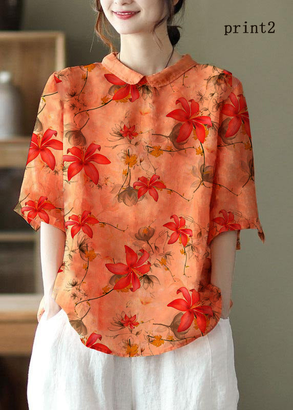 DIY Orange Print3  Ramie Half Sleeve Shirt Summer