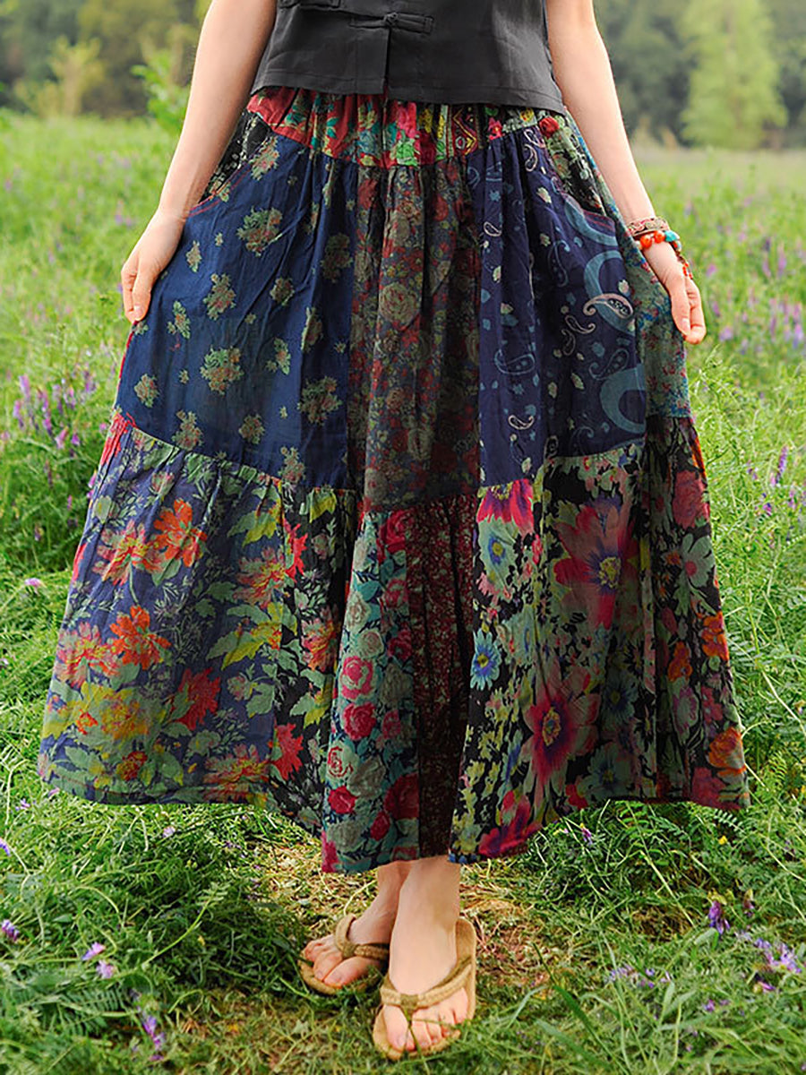 Retro Splicing Cloth Flower Printed Floral Skirt