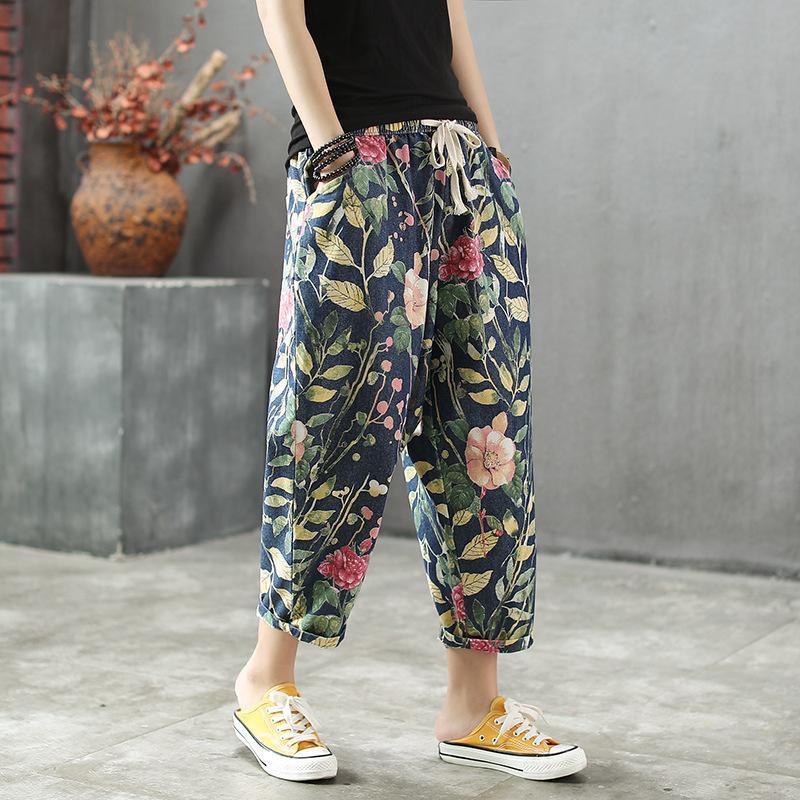 2021 Plus Size Floral Print Elastic Waist Women Autumn Jeans - Omychic