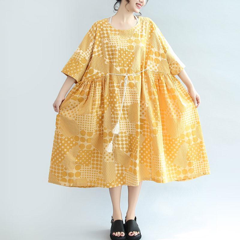 Round Neck Printing Lacing Summer Women Yellow Dress - Omychic