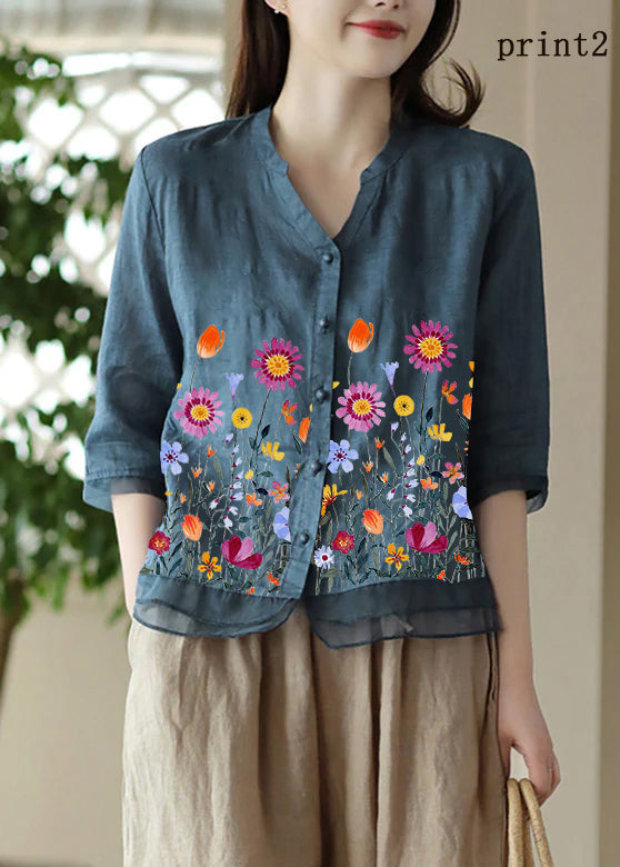 Casual Blue-print1 V Neck Embroideried Solid Ramie Shirt Half Sleeve